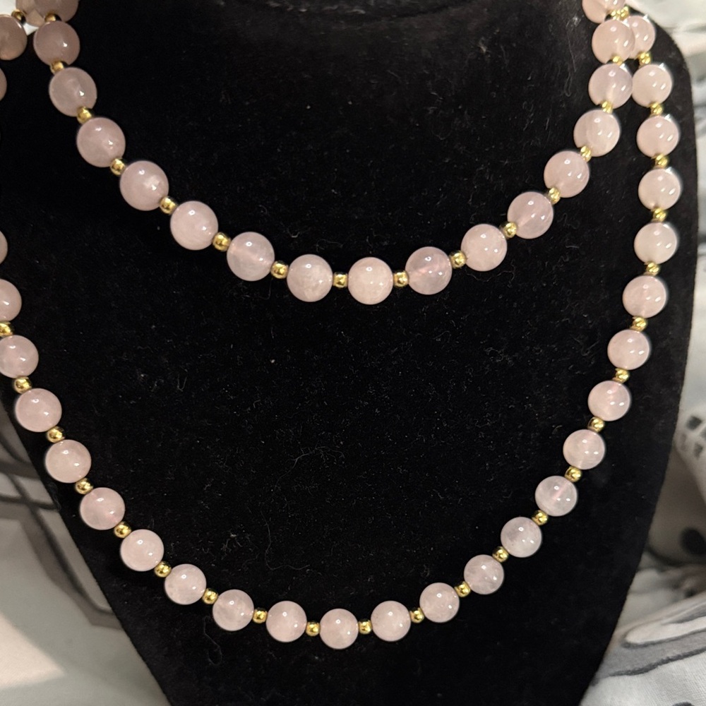 Elegant Rose quartz Beaded‎ 30” Necklace with Gold Accents